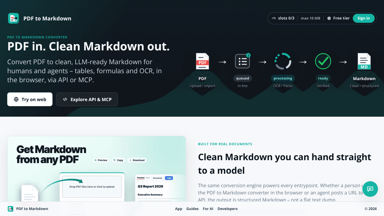 PDF to Markdown website screenshot