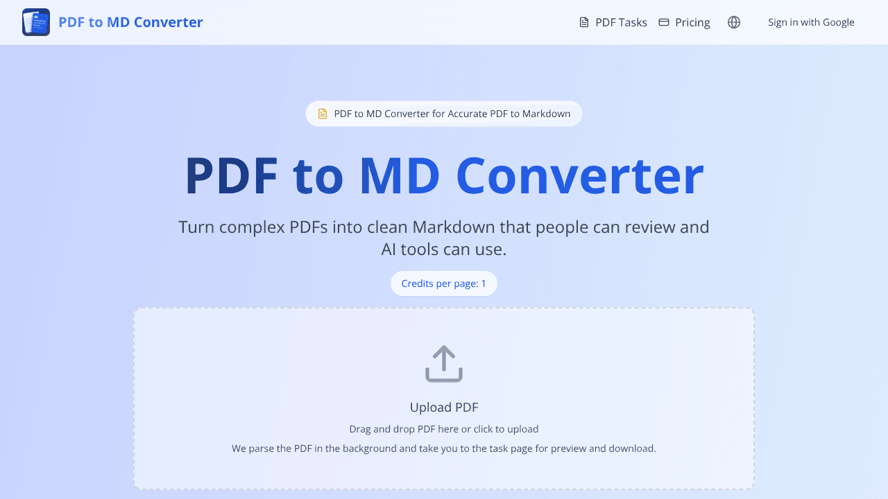PDF to MD Converter website screenshot