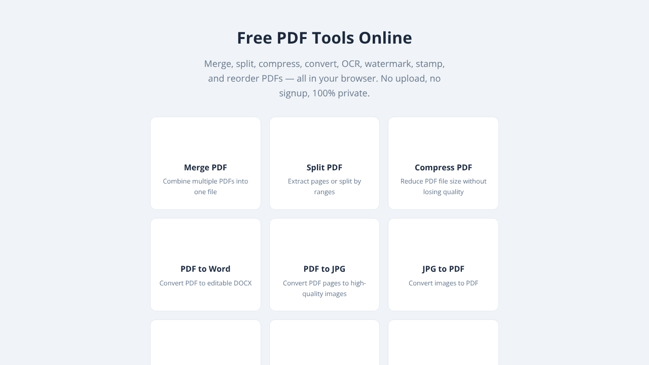 PDF Utilities is a free PDF toolset website screenshot