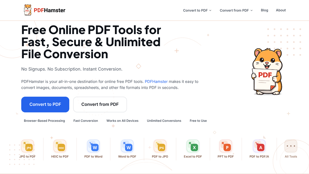 PDFHamster — Free PDF Conversion Tools website screenshot