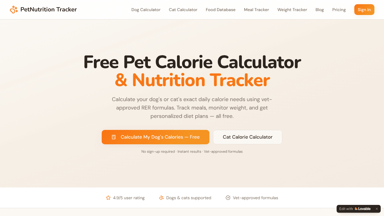Pet Calorie Calculator website screenshot