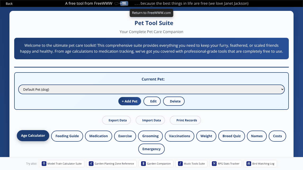 Pet Care Tools Suite website screenshot