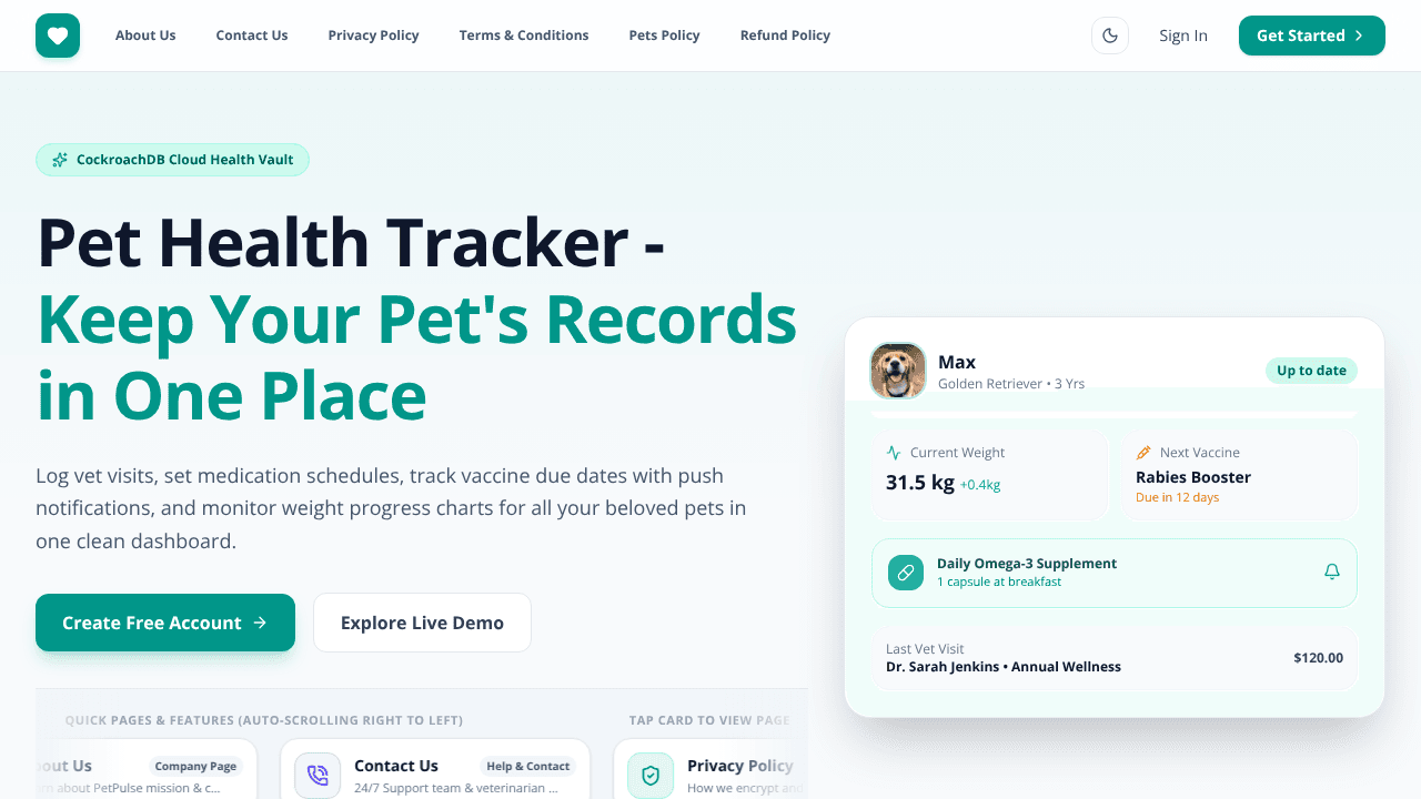 Pet Health Tracker website screenshot