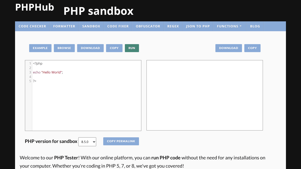 PHPHub's PHP sandbox website screenshot