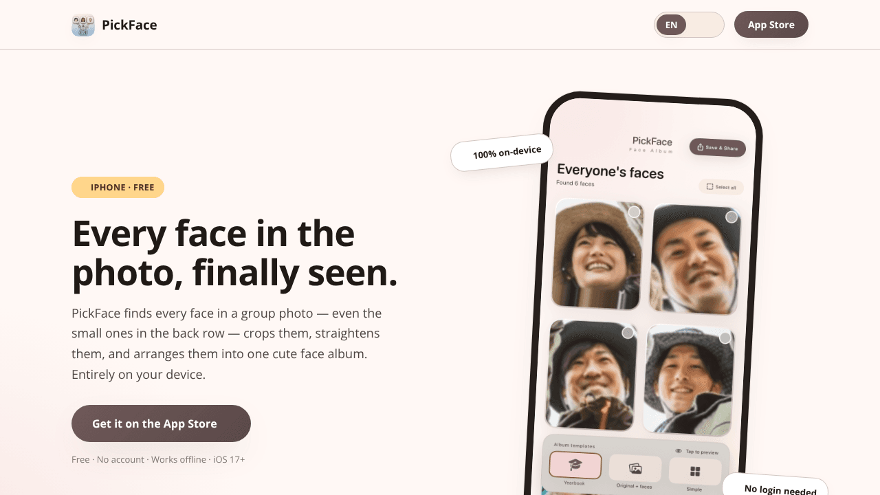 PickFace: Face Album Maker website screenshot
