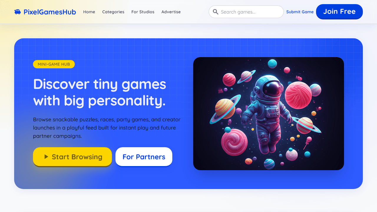 PixelGamesHub website screenshot