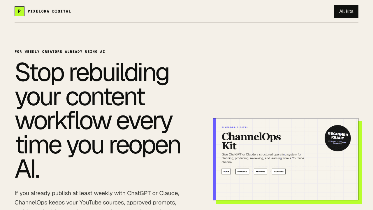 Pixelora ChannelOps website screenshot
