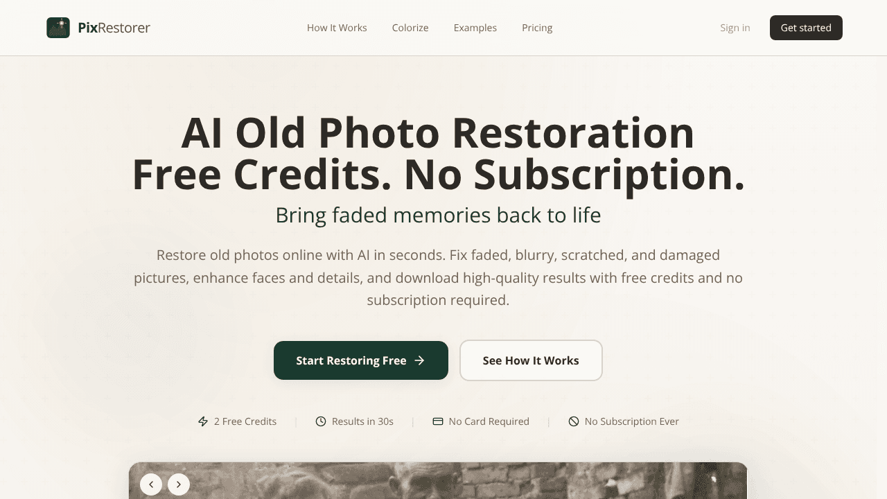 PixRestorer-AI Old Photo Restoration website screenshot