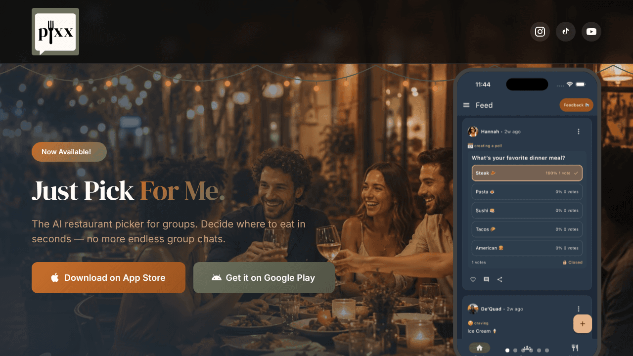 Pixx AI Restaurant Picker for Groups.  website screenshot