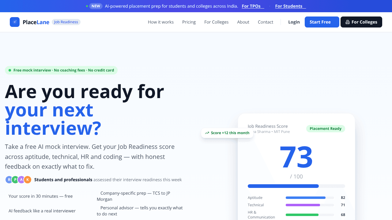 PlaceLane — Placement Readiness Index website screenshot