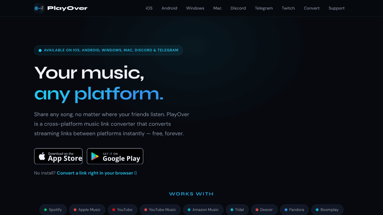 PlayOver — Your Music, Any Platform website screenshot