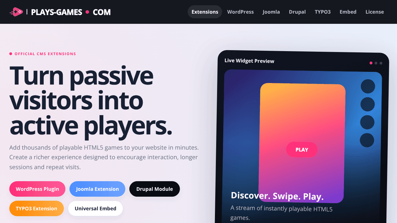 Plays Games — endless game feed - Widget website screenshot