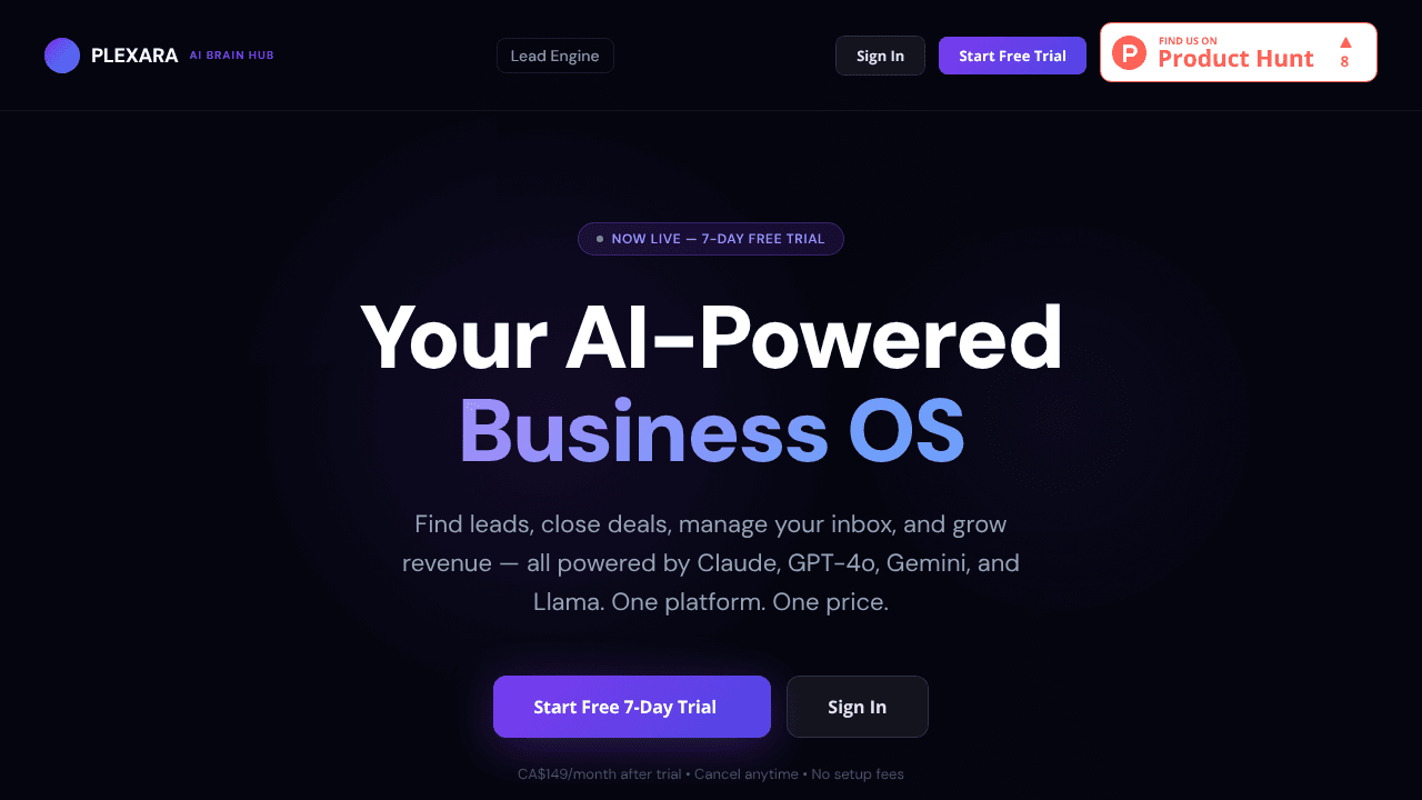 Plexara Hub website screenshot