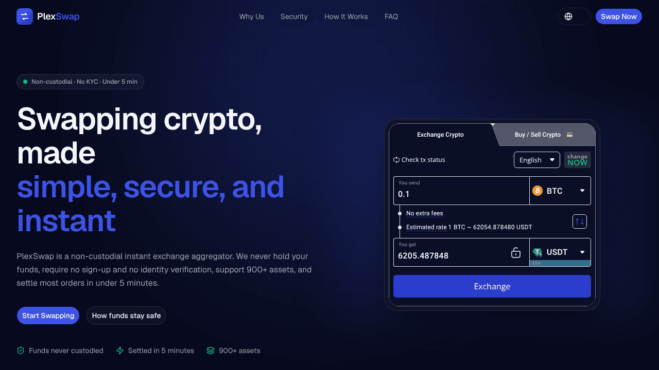 PlexSwap — 极速、安全、无需注册的数字货币兑换 website screenshot