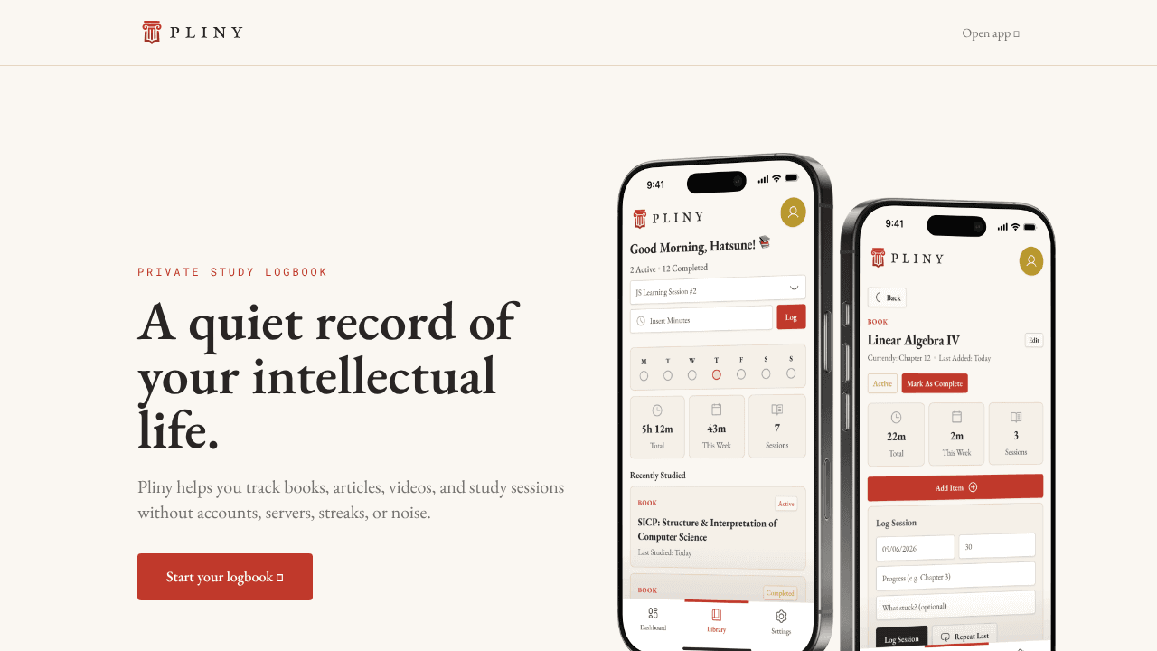 pliny: private study log for autodidacts website screenshot