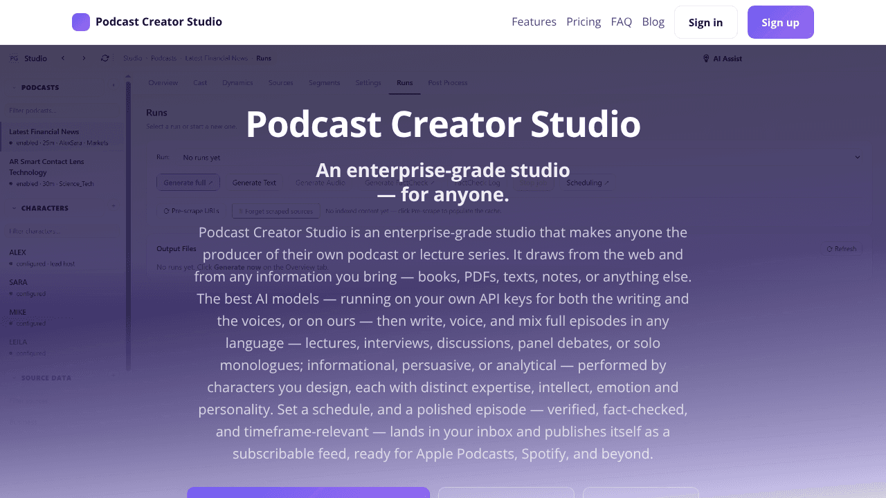 Podcast Creator Studio website screenshot