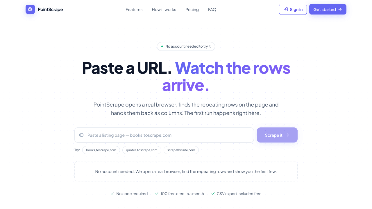 PointScrape — Visual Web Scraping website screenshot