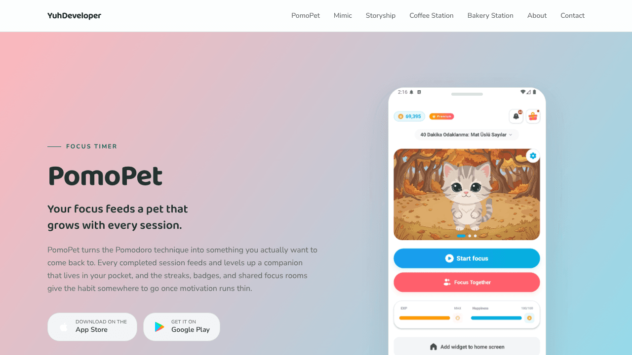 PomoPet - Pomodoro Focus Timer website screenshot