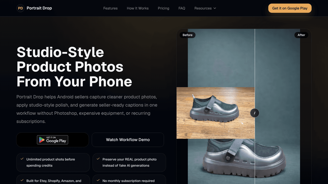 Portrait Drop website screenshot