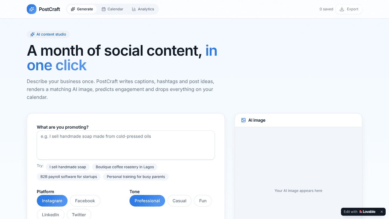 PostCraft AI,SocialMedia ContenGenerator website screenshot