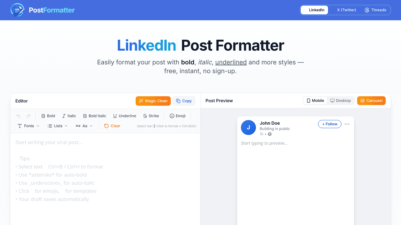 PostFormatter website screenshot