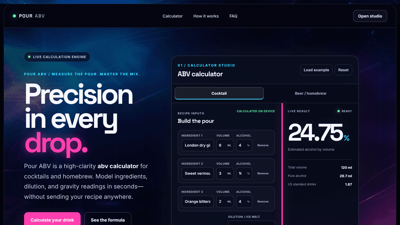 Pour ABV website screenshot