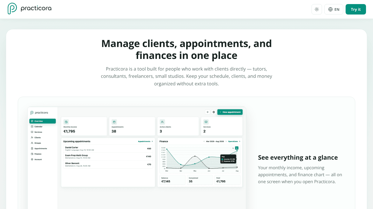 Practicora website screenshot