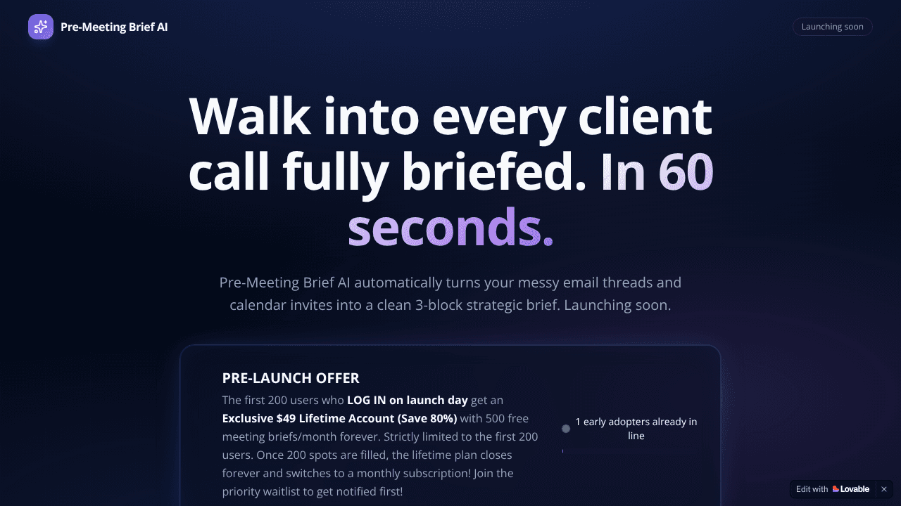 Pre-Meeting BriefPulse AI website screenshot