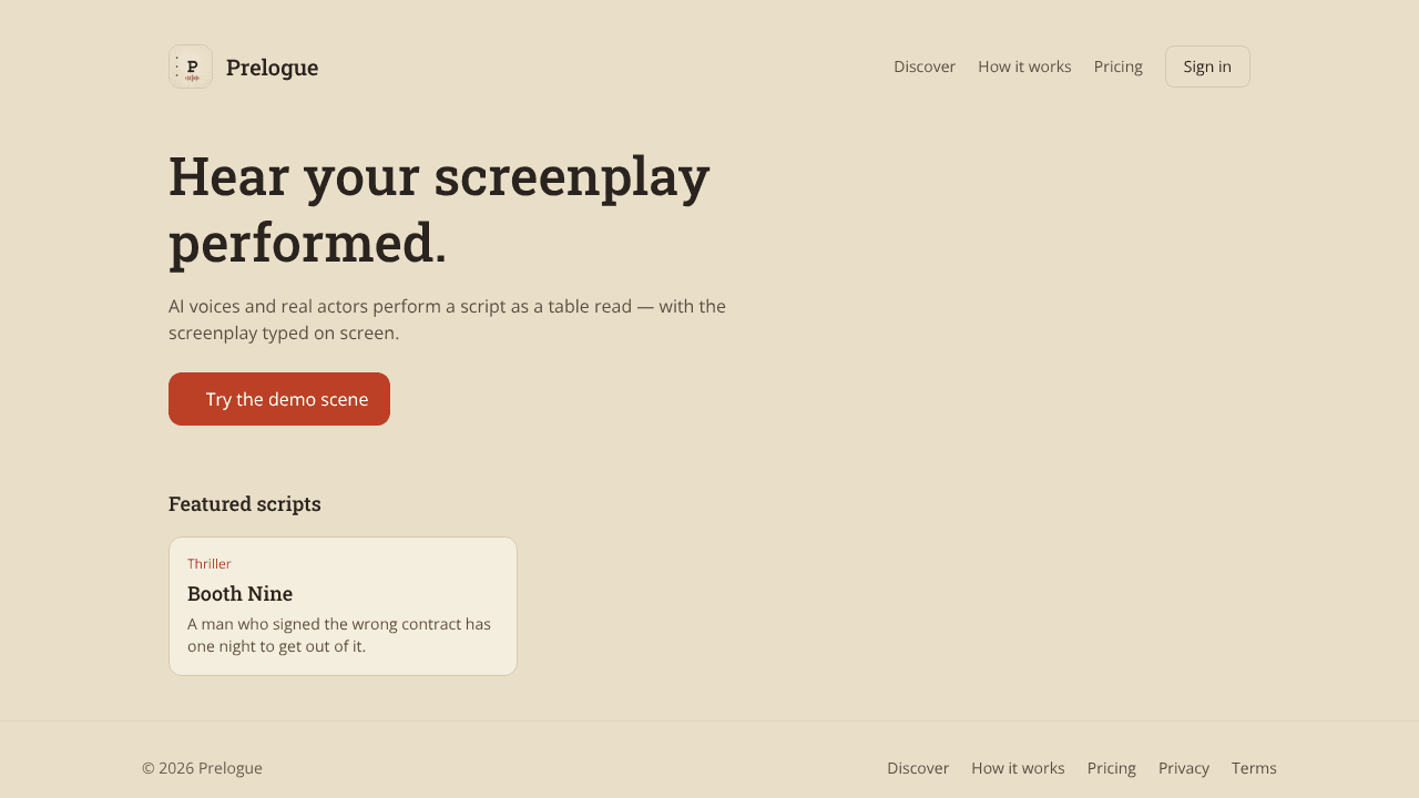 Prelogue - hear your screenplay  website screenshot