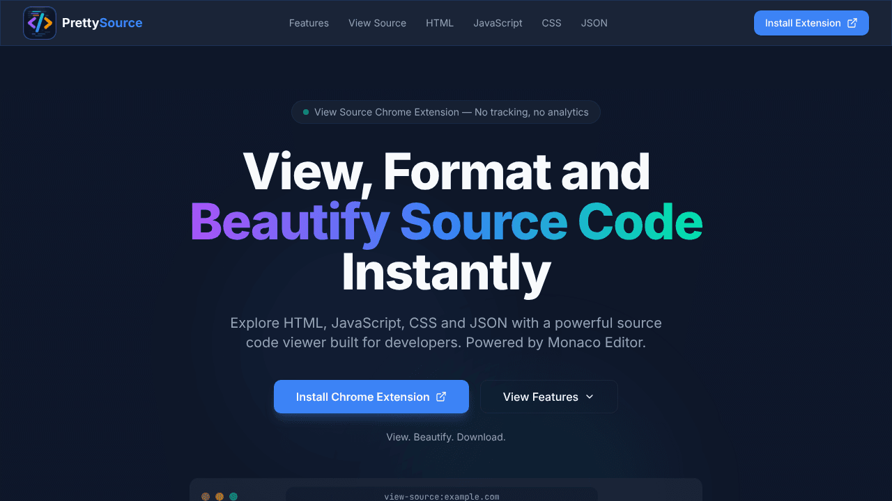 PrettySource - View Source for Chrome website screenshot