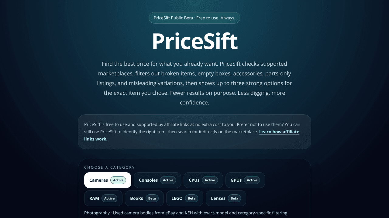 PriceSift website screenshot