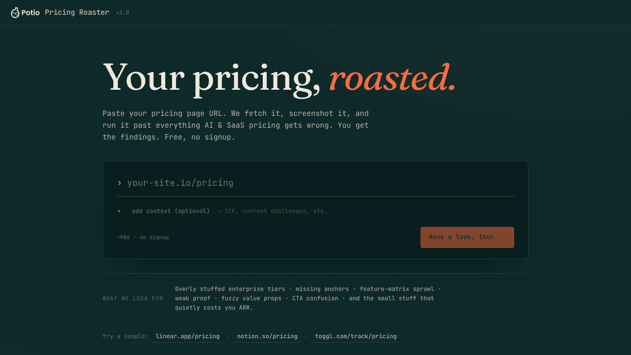 Pricing Roaster website screenshot