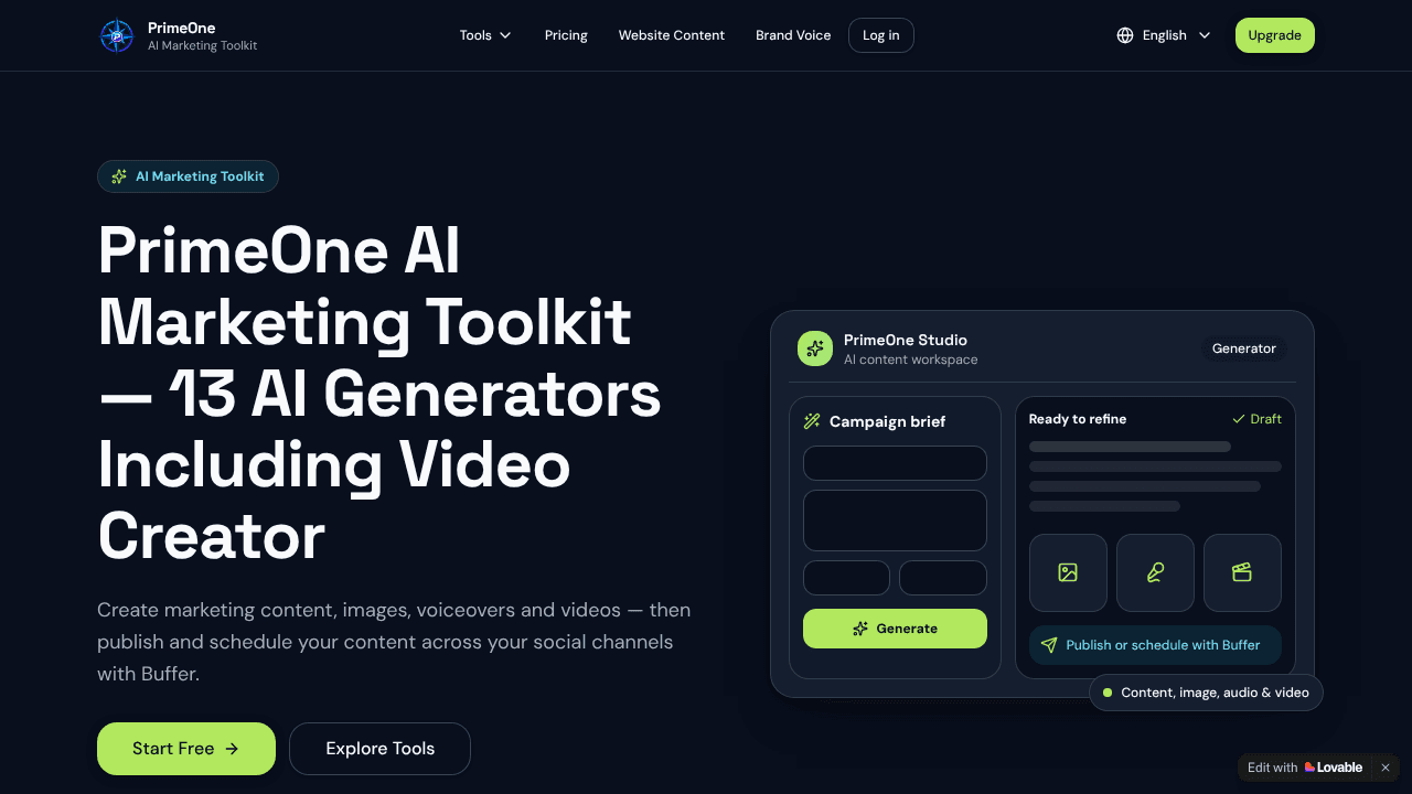 PrimeOne AI Marketing Toolkit website screenshot
