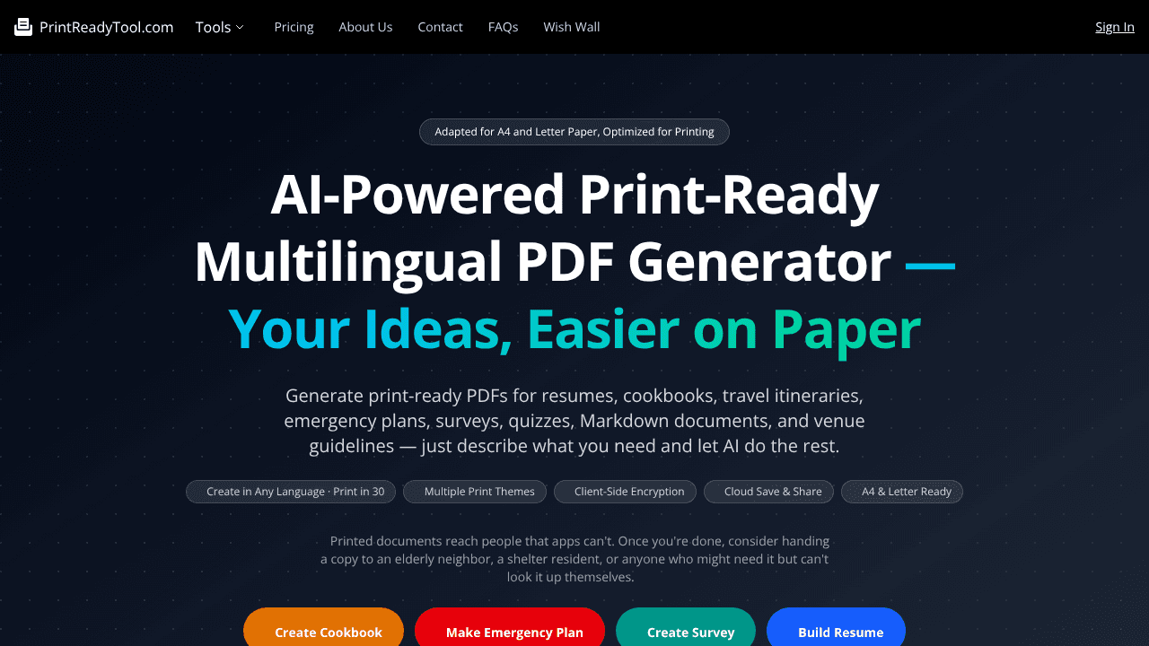 Print-Ready Multilingual PDF Generator website screenshot