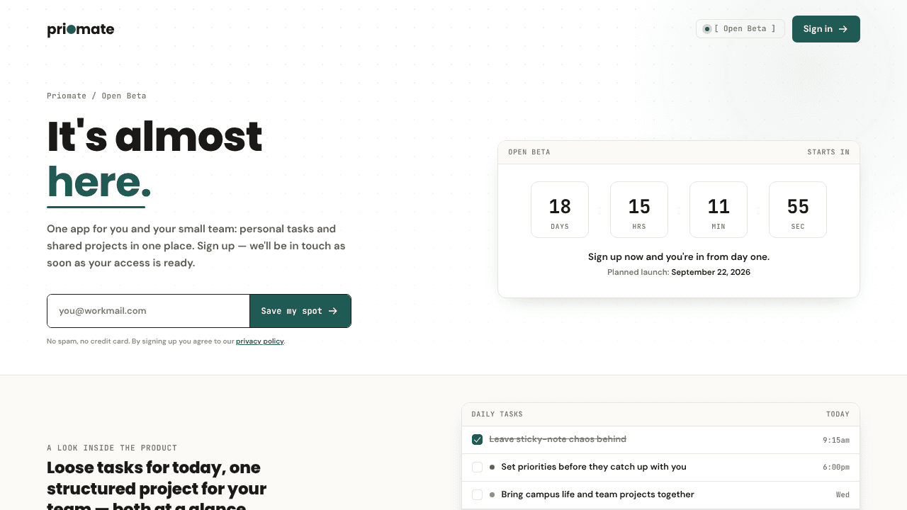 Priomate — Open Beta coming soon. website screenshot