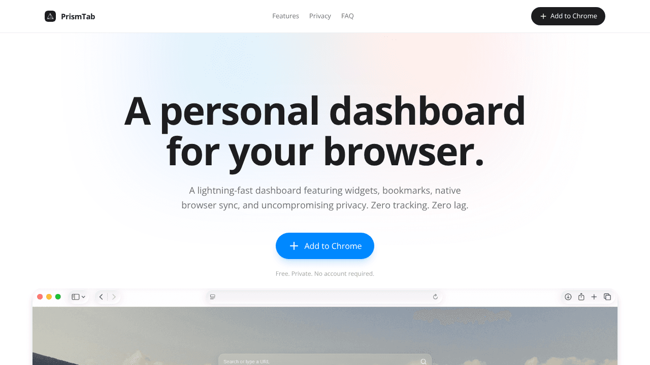 PrismTab — New Tab Dashboard website screenshot
