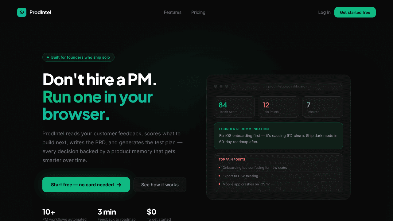 ProdIntel website screenshot