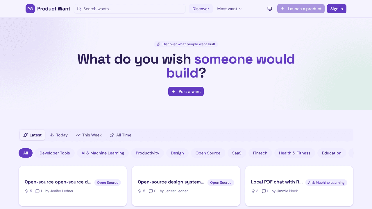 Product Want website screenshot