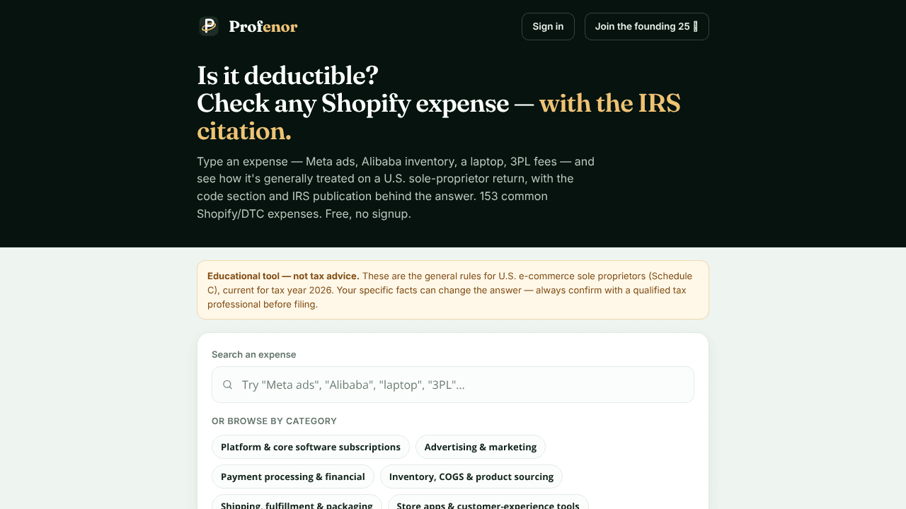 Profenor Deduction Checker website screenshot