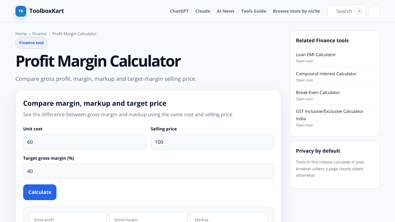 Profit Margin Calculator website screenshot