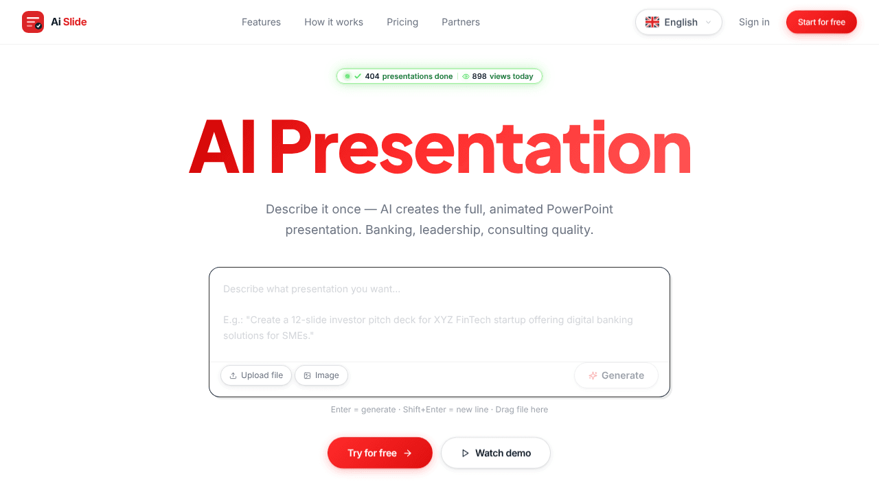 Prompt to PPTX in seconds website screenshot