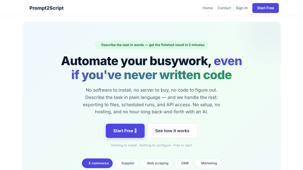 Prompt2Script - describe it, AI builds website screenshot