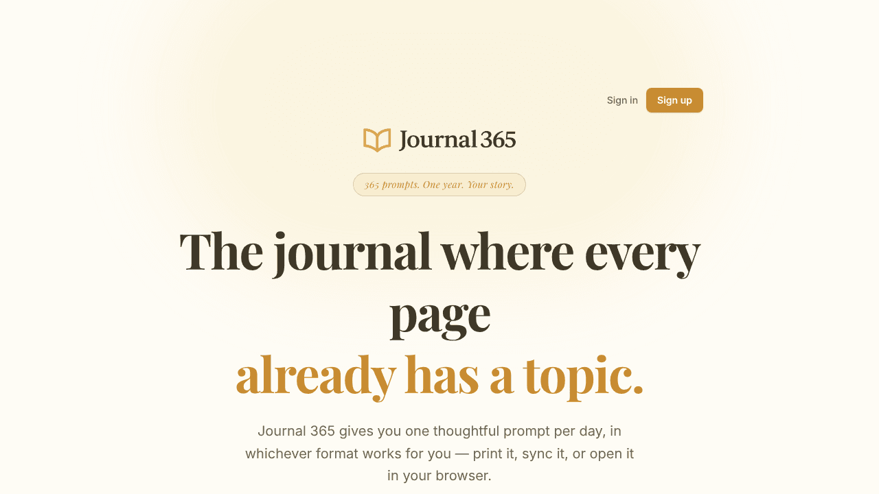 Prompted journal with one prompt per day website screenshot