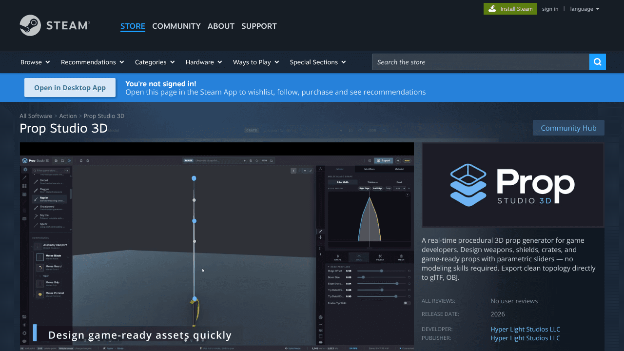Prop Studio 3D on Steam website screenshot