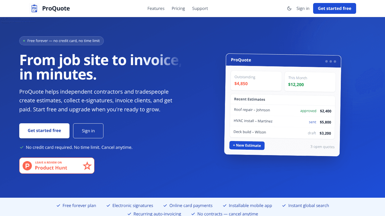 ProQuote website screenshot