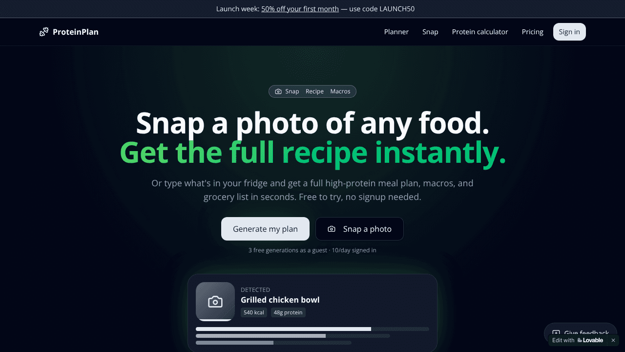 ProteinPlan website screenshot