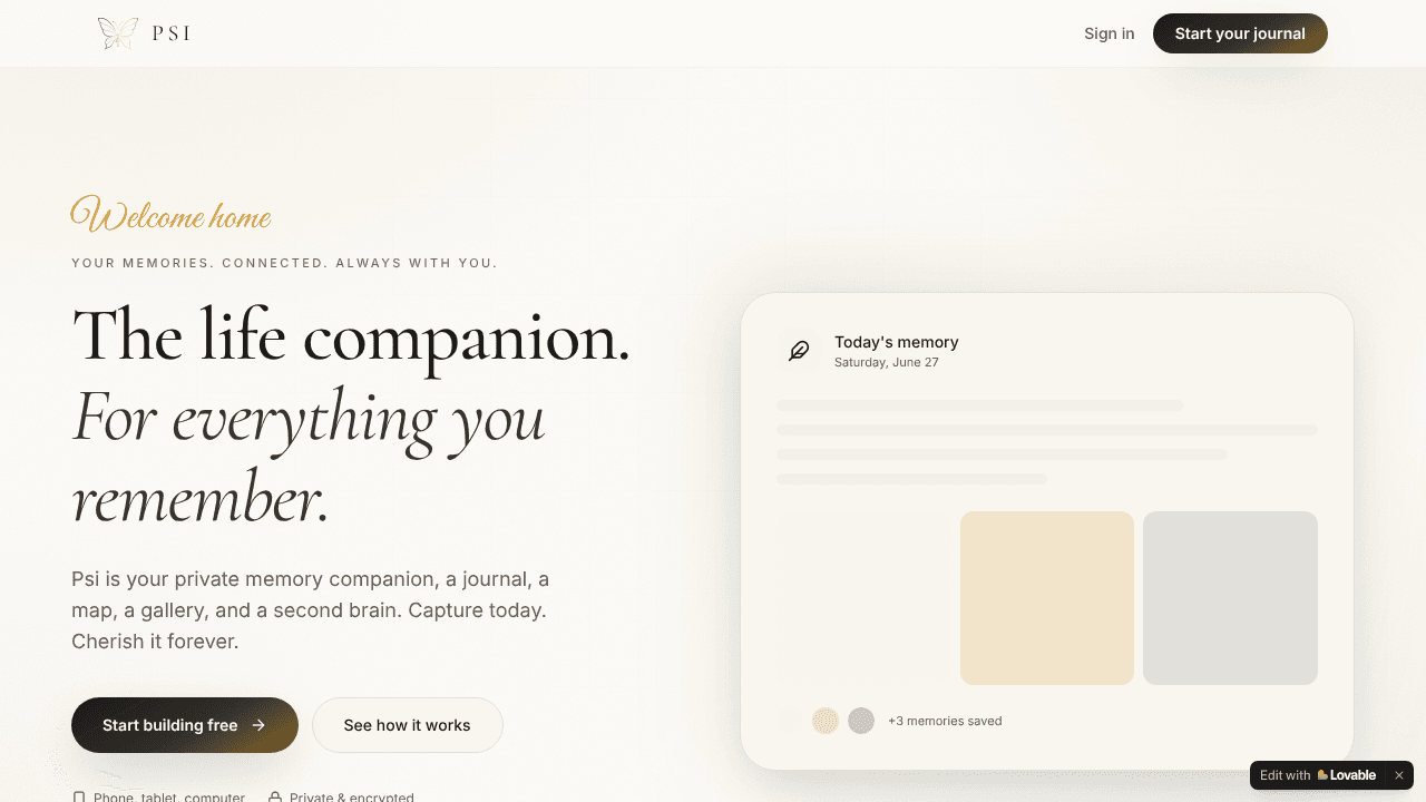 Psi — Remember. Relive. Share. website screenshot