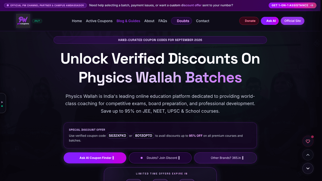 PW Coupons: Save on PW Batches website screenshot