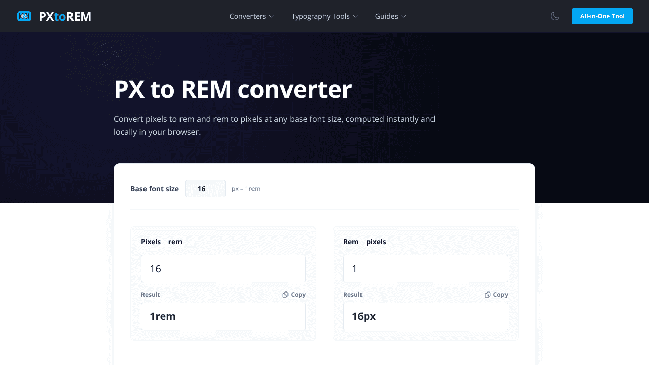 PX to REM converter website screenshot