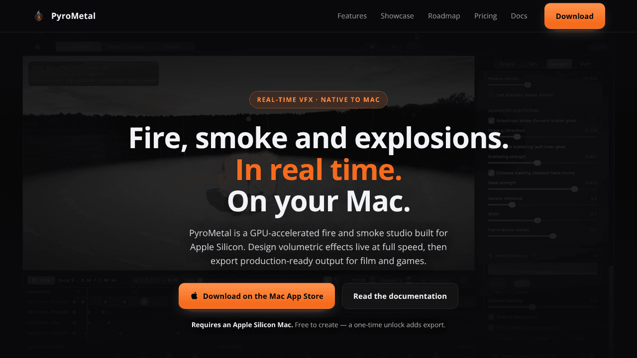 PyroMetal — Pyro simulation, on Metal website screenshot